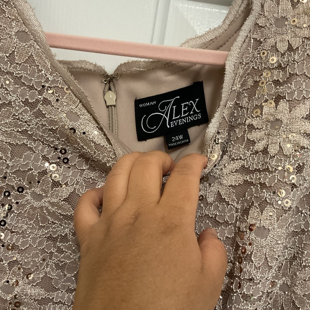 NWT Alex Evenings Crew Neck 3/4 Sleeve Sequin Lace Dress- Taupe 24W - Picture 3 of 7